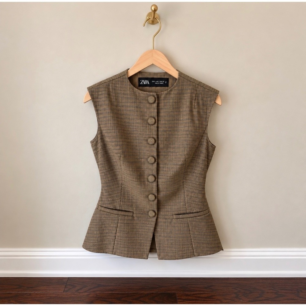 Zara Brown Plaid Button Front Sleeveless Waistcoat Vest Size Small Peplum Hem
